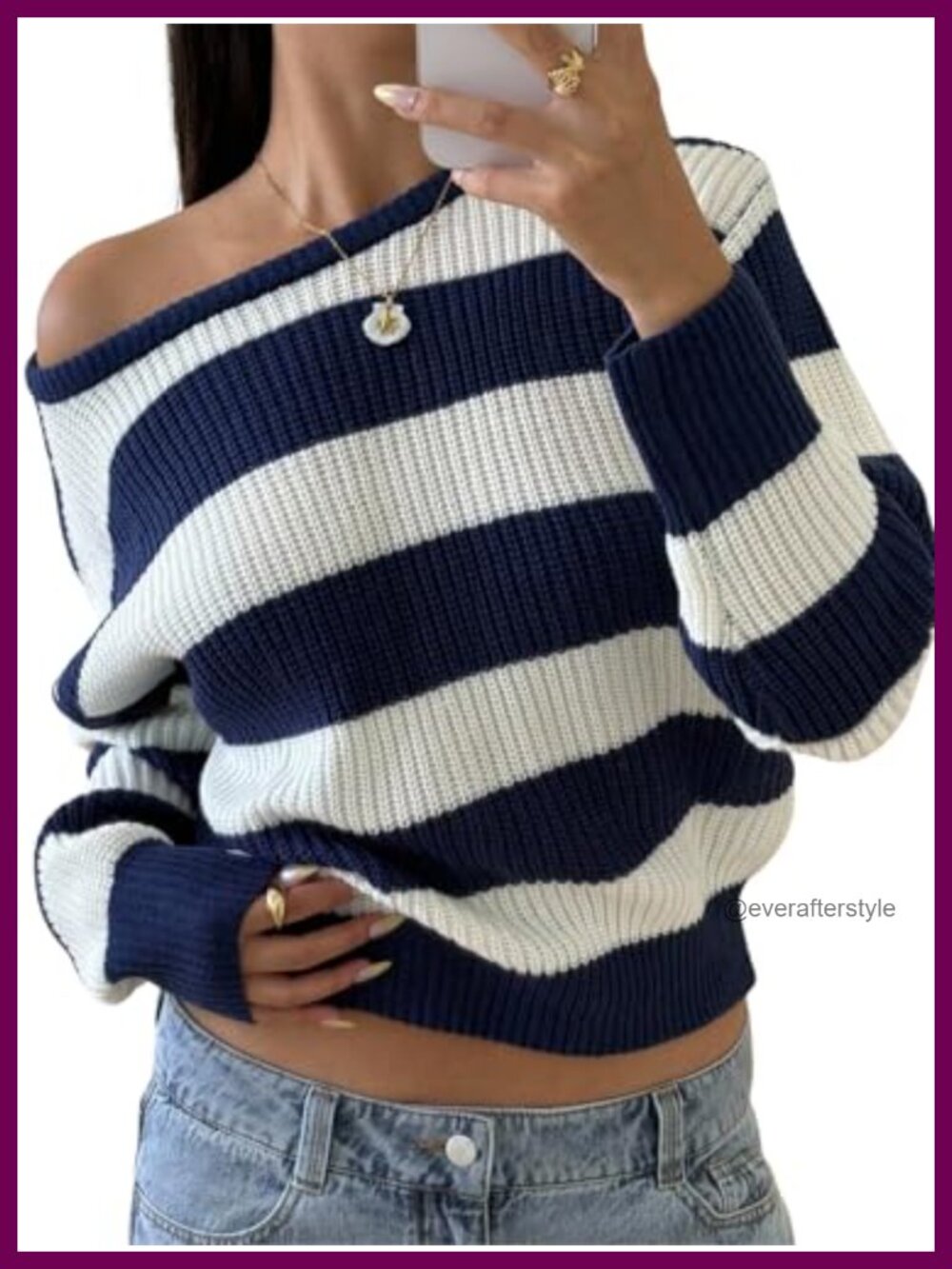 Cozy Off The Shoulder Striped Sweater Oversized Y2K Pullover
